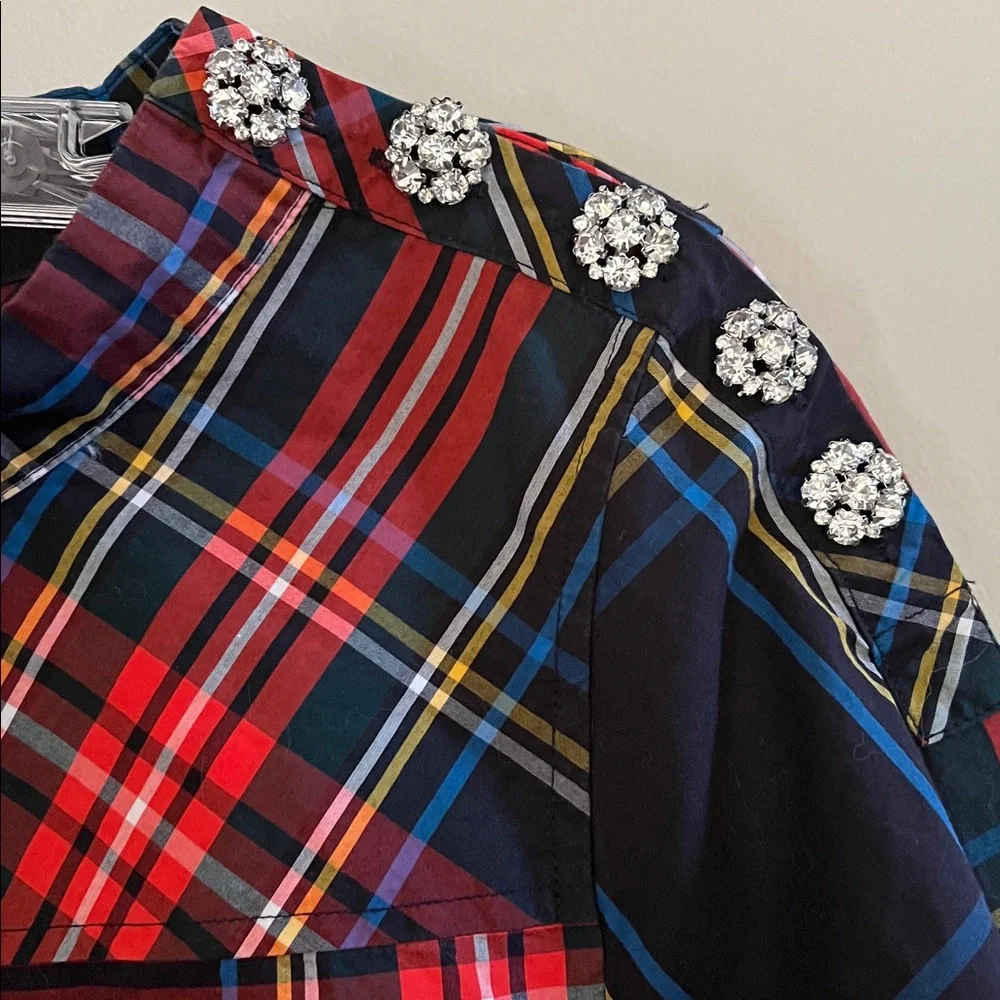 J. Crew Funnelneck shirt in Stewart tartan with jeweled buttons size 4
